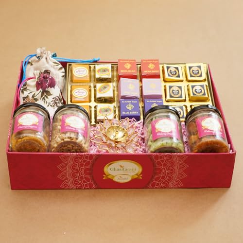 Ghasitaram Gifts Jaiccha Big Pink tray of best bites, jute pouches of mewa bites and anjeer bites, 2 jars of dryfruits, 2 jars of namkeen and diya von Jaiccha