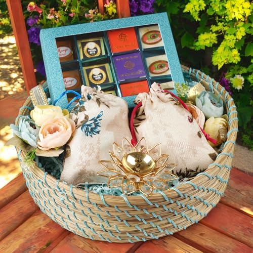 Ghasitaram Gifts Jaiccha Blue Jute Basket of Best Bites, 2 Jute pouches of Dryfruits and a Diya|Gift for Diwali,Holi,Valentine,Birthday,Anniversary,Gift for Her,Him,Mothers Day,Fathers Day| von Jaiccha