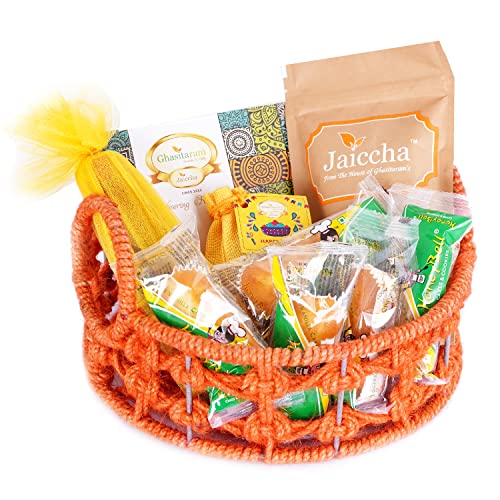 Ghasitaram Gifts Jaiccha Holi- Sweets/Holi Hampers/Orange Jute Basket with Gujiyas von Jaiccha