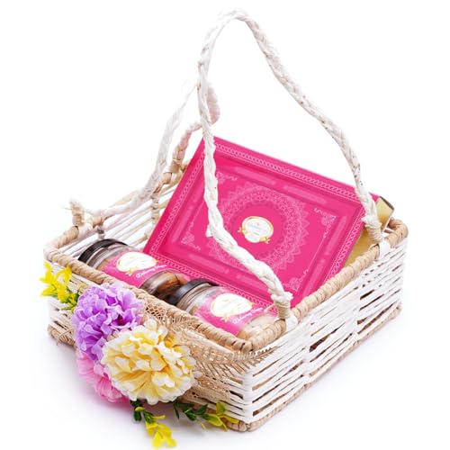 Ghasitaram Gifts Jaiccha Jute Square Flower Basket with Milk Cake,2 Jars of Crunchy Cashews and Flavour Raisins|Gift for Diwali,Holi,Valentine,Birthday,Anniversary,Her,Him,Mothers Day,Fathers Day| von Jaiccha