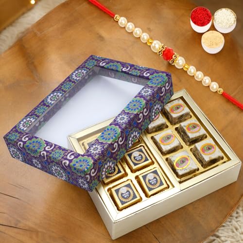 Ghasitaram Gifts Jaiccha Rakhi Gifts for Brothers 2 Part Printed Box of Bites with Pearl Beads Rakhi von Jaiccha