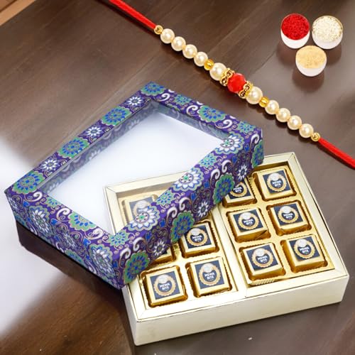 Ghasitaram Gifts Jaiccha Rakhi Gifts for Brothers 2 Part Printed Box of Mewa Bites with Pearl Beads Rakhi von Jaiccha
