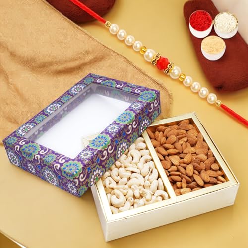 Ghasitaram Gifts Jaiccha Rakhi Gifts for Brothers 2 Part Printed Dryfruit Box of Cashews and Almonds with Pearl Beads Rakhi von Jaiccha