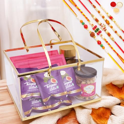 Ghasitaram Gifts Jaiccha Rakhi Gifts for Brothers Acrylic Basket of Sugarfree Kaju Katli, Sugarfree Peda, 5 Sugarfree bites, 2 jars of Roasted Cashews and Almonds, and Coffee with 5 rakhis von Jaiccha