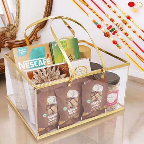 Ghasitaram Gifts Jaiccha Rakhi Gifts for Brothers Acrylic Basket of11 Goodies with 5 rakhis von Jaiccha