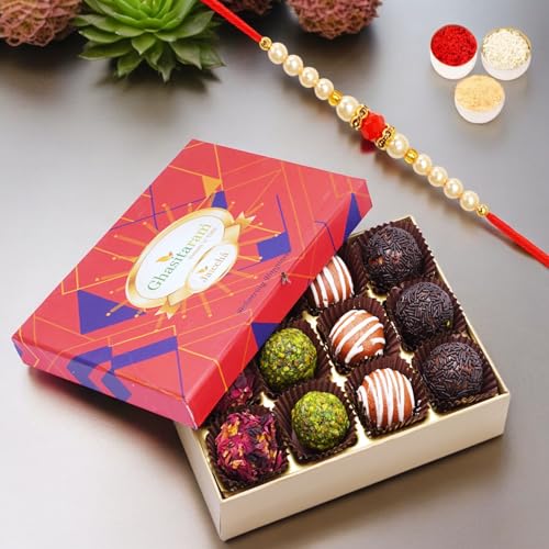 Ghasitaram Gifts Jaiccha Rakhi Gifts for Brothers Assorted Fancy Dryfruit Laddoos 12 pcs in Premium Box with Pearl Beads Rakhi von Jaiccha