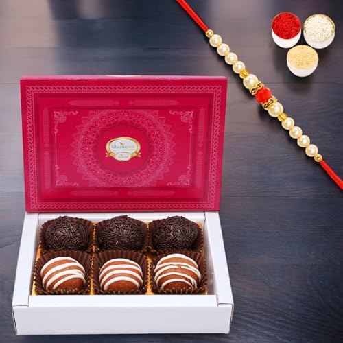 Ghasitaram Gifts Jaiccha Rakhi Gifts for Brothers Assorted Fancy Dryfruit Laddoos 6 pcs with Pearl Beads Rakhi von Jaiccha