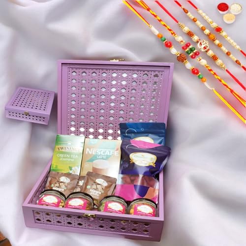 Ghasitaram Gifts Jaiccha Rakhi Gifts for Brothers Big Cane Box of 13 Goodies Variation with 5 rakhis von Jaiccha