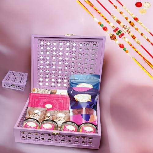 Ghasitaram Gifts Jaiccha Rakhi Gifts for Brothers Big Cane Box of 13 Goodies with 5 rakhis von Jaiccha