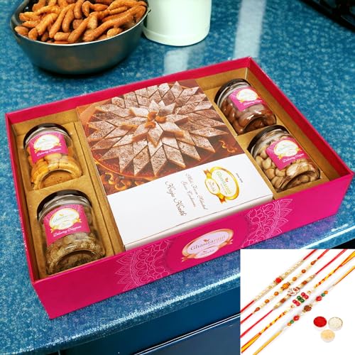 Ghasitaram Gifts Jaiccha Rakhi Gifts for Brothers-Big Hamper Tray of Kaju Katlis, Crunchy Cashew, Flavour Raisins, Choco Almonds, and Pistachios with 5 rakhis von Jaiccha