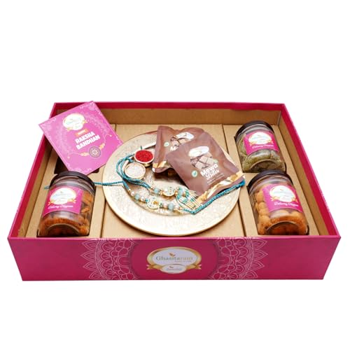 Ghasitaram Gifts Jaiccha Rakhi Gifts for Brothers Big Hamper Tray with Gold Pooja Thali, Bhaiya Bhabhi Rakhis, Card, Mewa Bites, Mixed Dryfruit Jar, Flavour Raisins and Crunchy Cashews. von Jaiccha