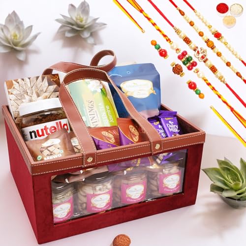 Ghasitaram Gifts Jaiccha Rakhi Gifts for Brothers Big Velvet Basket of 26 Goodies with 5 rakhis von Jaiccha