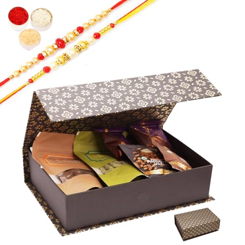 Ghasitaram Gifts Jaiccha Rakhi Gifts for Brothers - Black Gift Box with bites and cookies with 2 Rakhis von Jaiccha