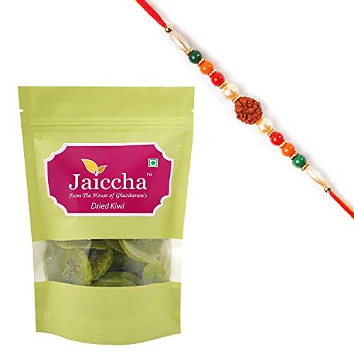 Ghasitaram Gifts Jaiccha Rakhi Gifts for Brothers Dryfruits - Dried Kiwi 200 GMS in Green Paper Pouch with Rudraksh Rakhi von Jaiccha