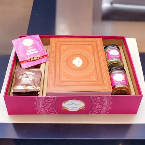 Ghasitaram Gifts Jaiccha Rakhi Gifts for Brothers Big Hamper Tray with Exotic sweets, 2 rakhis, Card, Mixed Dryfruit Jar, Mewa Bites and Flavour Raisins von Jaiccha