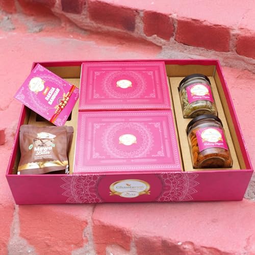 Ghasitaram Gifts Jaiccha Rakhi Gifts for Brothers Big Hamper Tray with Kaju Katli, Milk Cake, 2 rakhis, Card, Mixed Dryfruit, Flavour Raisins Jar and Mewa Bites Pouches von Jaiccha