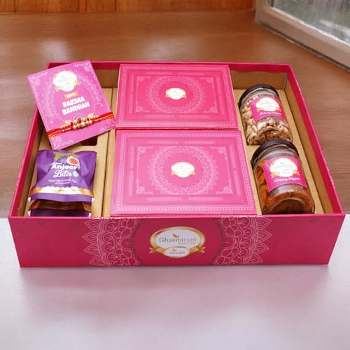 Ghasitaram Gifts Jaiccha Rakhi Gifts for Brothers Big Hamper Tray with Sugarfree Kaju Katli, Sugarfree Peda, 2 rakhis, Card, Wheat Puffs, Anjeer Bites, and MIxed Dryfruit Jar von Jaiccha