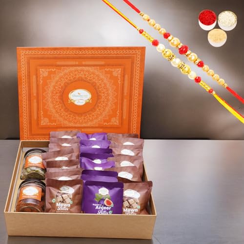 Ghasitaram Gifts Jaiccha Rakhi Gifts for Brothers Orange Hamper Box of 24 pcs mewa and Sugarfree Anjeer Bites, Mixed Dryfruit Jar and Flavour Raisins Jar with 2 rakhis von Jaiccha