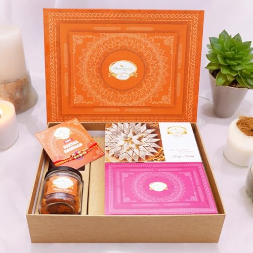 Ghasitaram Gifts Jaiccha Rakhi Gifts for Brothers Ghasitaram Orange Hamper Box with Kaju Katli, Milk Cake, 2 Rakhis, Card, and Mixed Dryfruit Jar von Jaiccha