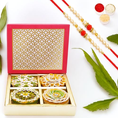 Ghasitaram Gifts Jaiccha Rakhi Gifts for Brothers Mini Mithai Cakes in Carving Box with 2 Pearl Beads rakhi von Jaiccha