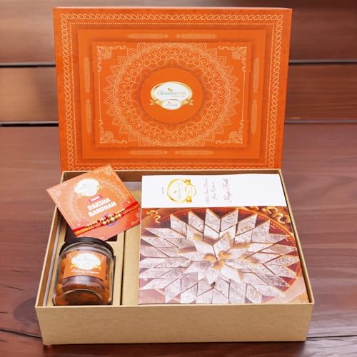 Ghasitaram Gifts Jaiccha Rakhi Gifts for Brothers Orange Hamper Box with Kaju Katli, 2 Rakhis, Card, and Mixed Dryfruit Jar von Jaiccha