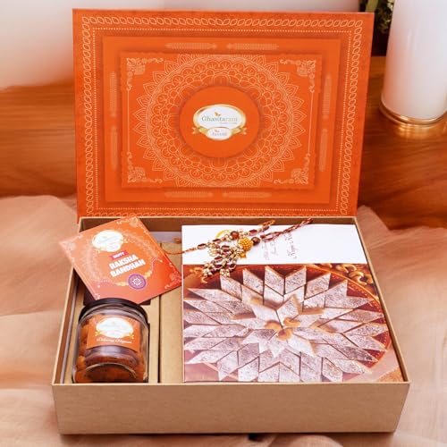 Ghasitaram Gifts Jaiccha Rakhi Gifts for Brothers Orange Hamper Box with Kaju Katli, Bhaiya Bhabhi Rakhis, Card, and Mixed Dryfruit Jar von Jaiccha