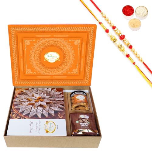 Ghasitaram Gifts Jaiccha Rakhi Gifts for Brothers-Orange Hamper Box with Kaju Katli, Mewa Bites and Crunchy Cashews with 2 Rakhis von Jaiccha