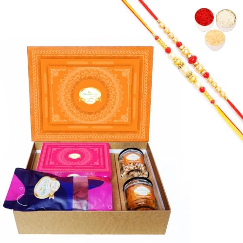 Ghasitaram Gifts Jaiccha Rakhi Gifts for Brothers-Orange Hamper Box with Sugarfree Kaju Katli, Beetroot Chips, Wheat Puffs and Moong Chakli with 2 Rakhis von Jaiccha