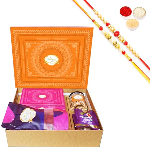 Ghasitaram Gifts Jaiccha Rakhi Gifts for Brothers-Orange Hamper Box with Sugarfree Kaju Katli, Beetroot Chips, Wheat Puffs and Sugafree Bites with 2 Rakhis von Jaiccha