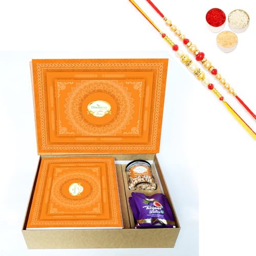 Ghasitaram Gifts Jaiccha Rakhi Gifts for Brothers-Orange Hamper Box with Sugarfree Kaju Katli, Sugarfree Bites and Wheat Puffs with 2 Rakhis von Jaiccha