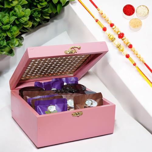 Ghasitaram Gifts Jaiccha Rakhi Gifts for Brothers Pink Cane Rattan Box of 16 Goodies with 2 rakhis von Jaiccha