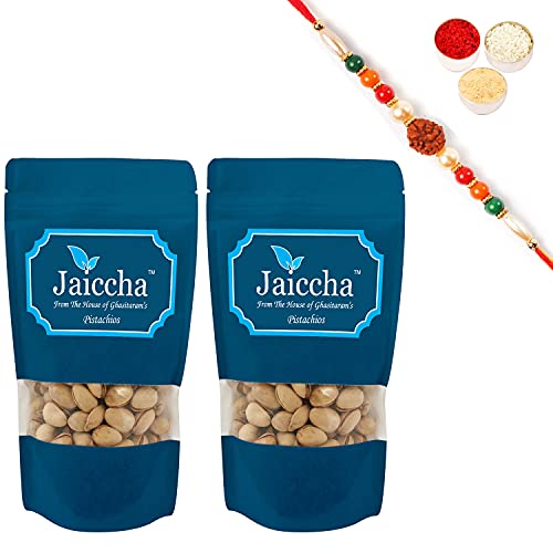 Ghasitaram Gifts Jaiccha Rakhi Gifts for Brothers Rakhi Dryfruits - Afgani Pistachios 400 GMS in White Paper Pouch with Rudraksh Rakhi von Jaiccha