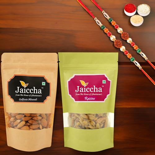 Ghasitaram Gifts Jaiccha Rakhi Gifts for Brothers Rakhi Dryfruits - Almonds 100 GMS and Raisins 100 GMS Pouches with 2 Rudraksh Rakhis von Jaiccha