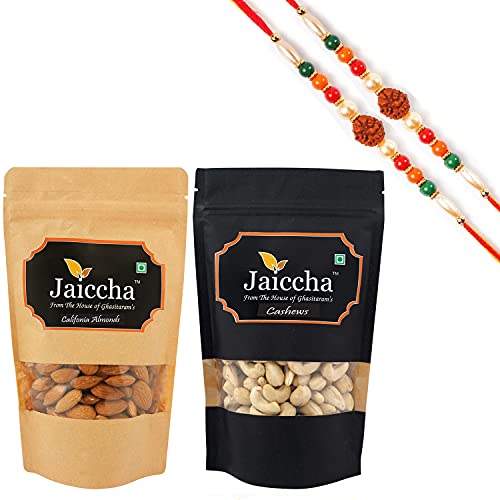 Ghasitaram Gifts Jaiccha Rakhi Gifts for Brothers Rakhi Dryfruits - Almonds 200 GMS and Cashew 200 GMS Pouches with 2 Rudraksh Rakhis von Jaiccha