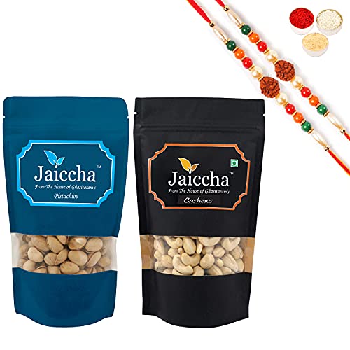 Ghasitaram Gifts Jaiccha Rakhi Gifts for Brothers Rakhi Dryfruits - Cashews 100 GMS and Pistachios 100 GMS Pouches with 2 Rudraksh Rakhis von Jaiccha