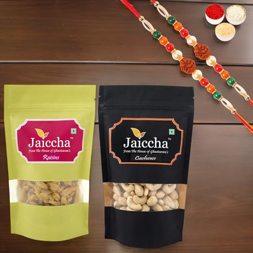 Ghasitaram Gifts Jaiccha Rakhi Gifts for Brothers Rakhi Dryfruits - Cashews 100 GMS and Raisins 100 GMS Pouches with 2 Rudraksh Rakhis von Jaiccha