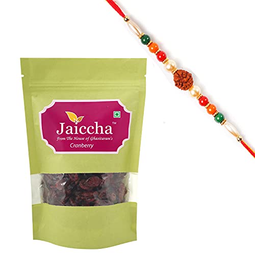 Ghasitaram Gifts Jaiccha Rakhi Gifts for Brothers Rakhi Dryfruits - Dehydrated Dried Cranberries 200 GMS in Green Paper Pouch with Rudraksh Rakhi von Jaiccha