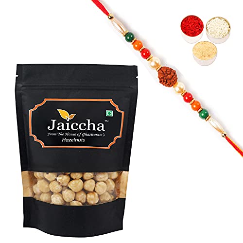 Ghasitaram Gifts Jaiccha Rakhi Gifts for Brothers Rakhi Dryfruits - Hazelnuts 200 GMS with Rudraksh Rakhi von Jaiccha