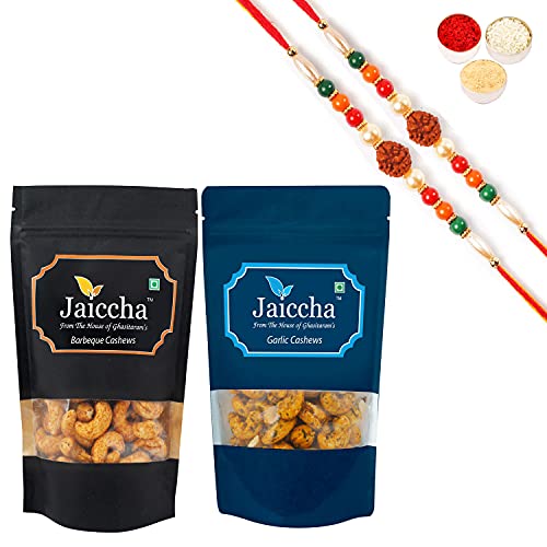 Ghasitaram Gifts Jaiccha Rakhi Gifts for Brothers Rakhi Dryfruits - Pack of 2 Garlic, Barbeque Cashews Pouches Small 200 GMS with 2 Rudraksh rakhis von Jaiccha