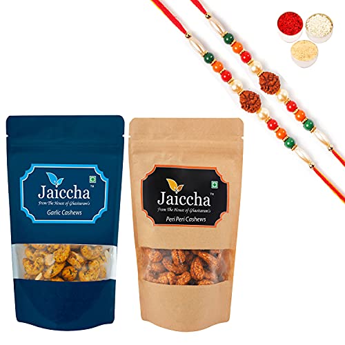 Ghasitaram Gifts Jaiccha Rakhi Gifts for Brothers Rakhi Dryfruits - Pack of 2 Garlic, Peri Peri Cashews Pouches Small 200 GMS with 2 Rudraksh rakhis von Jaiccha