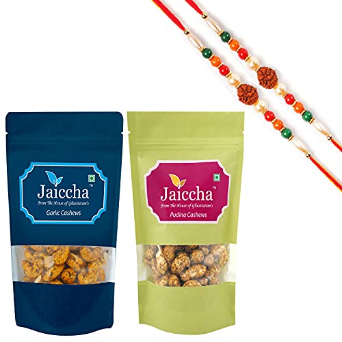 Ghasitaram Gifts Jaiccha Rakhi Gifts for Brothers Rakhi Dryfruits - Pack of 2 Garlic, Pudina, Cashews Pouches Small 200 GMS with 2 Rudraksh rakhis von Jaiccha