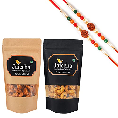 Ghasitaram Gifts Jaiccha Rakhi Gifts for Brothers Rakhi Dryfruits - Pack of 2 Peri Peri, Barbeque Cashews Pouches Small 200 GMS with 2 Rudraksh rakhis von Jaiccha