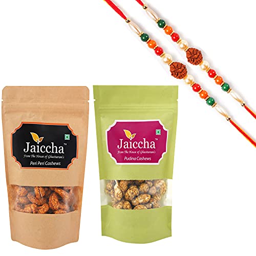 Ghasitaram Gifts Jaiccha Rakhi Gifts for Brothers Rakhi Dryfruits - Pack of 2 Peri Peri, Pudina Cashews Pouches Small 200 GMS with 2 Rudraksh rakhis von Jaiccha