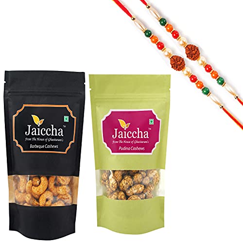 Ghasitaram Gifts Jaiccha Rakhi Gifts for Brothers Rakhi Dryfruits - Pack of 2 Pudina, Barbeque Cashews Pouches Small 200 GMS with 2 Rudraksh rakhis von Jaiccha