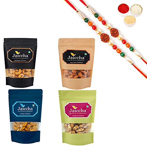 Ghasitaram Gifts Jaiccha Rakhi Gifts for Brothers Rakhi Dryfruits - Pack of 4 Garlic, Peri Peri, Pudina, Barbeque Cashews Pouches Small 400 GMS with 2 Rudraksh rakhis von Jaiccha