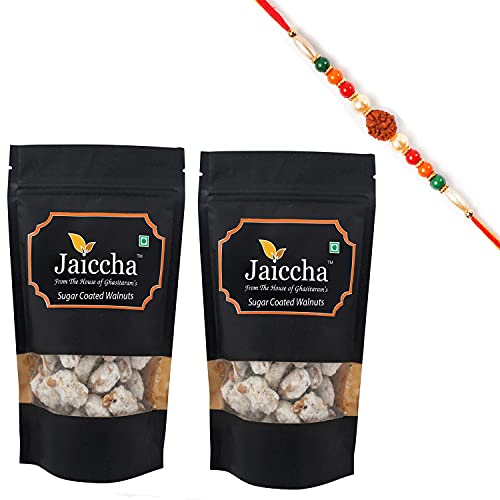 Ghasitaram Gifts Jaiccha Rakhi Gifts for Brothers Rakhi Dryfruits - Sugar Coated Walnuts 400 GMS in Black Paper Pouch with Rudraksh Rakhi von Jaiccha