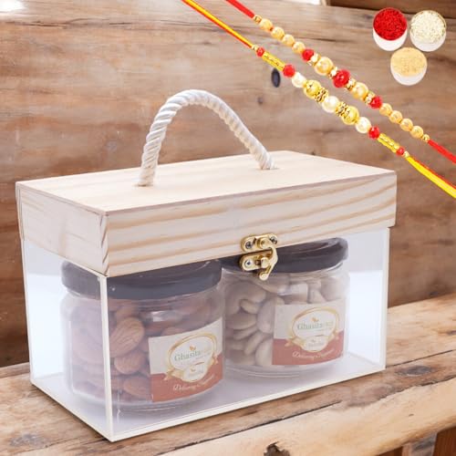 Ghasitaram Gifts Jaiccha Rakhi Gifts for Brothers Wooden Acrylic Box of 2 big Jars of Cashews and Almonds with 2 rakhis von Jaiccha