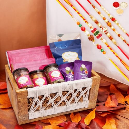 Ghasitaram Gifts Jaiccha Rakhi Gifts for Brothers Wooden Jute Rectangle Basket of 12 Goodies with 5 rakhis von Jaiccha