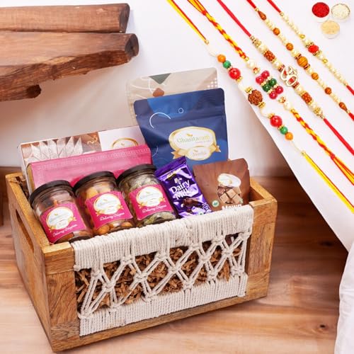 Ghasitaram Gifts Jaiccha Rakhi Gifts for Brothers Wooden Jute Rectangle Basket of 17 Goodies with 5 rakhis von Jaiccha