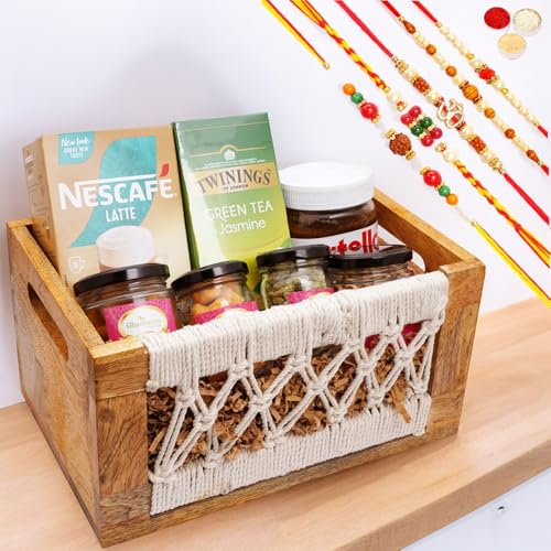 Ghasitaram Gifts Jaiccha Rakhi Gifts for Brothers Wooden Jute Rectangle Basket of 7 Goodies with 5 rakhis von Jaiccha